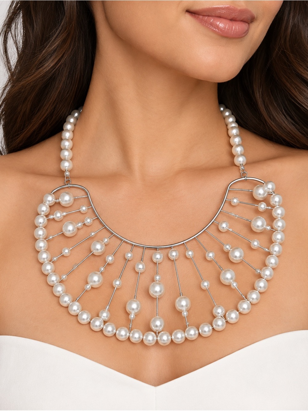 White Faux Pearl Silver Tone Sculptural Wire Bib Statement Costume Necklace